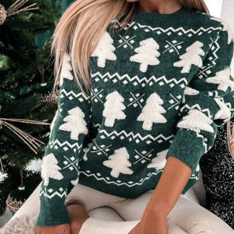 Winter 2025 Women Knitted Sweater 3D Santa Tree Print Warm Thick Jumpers Christmas Sweaters Long Sleeve Pullover Tops Xmas Look
