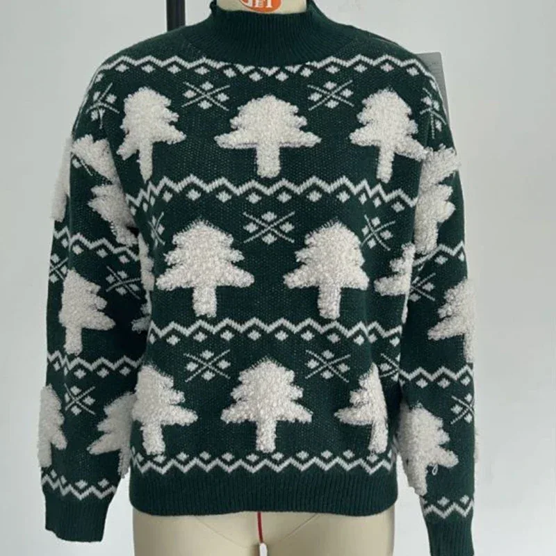 Winter 2025 Women Knitted Sweater 3D Santa Tree Print Warm Thick Jumpers Christmas Sweaters Long Sleeve Pullover Tops Xmas Look