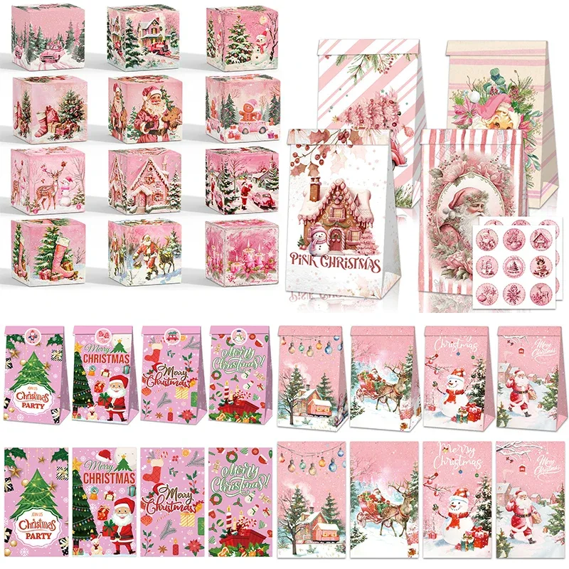 12pcs Pink Christmas Gift Bag Box Fairy Snow Scene Print Cookie Candy Bags Christmas Eve Candy Box Navidad Natal Noel Kids Gift