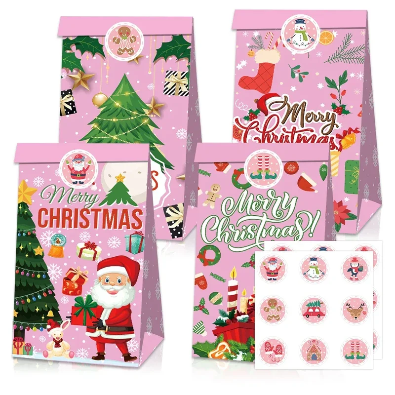 12pcs Pink Christmas Gift Bag Box Fairy Snow Scene Print Cookie Candy Bags Christmas Eve Candy Box Navidad Natal Noel Kids Gift