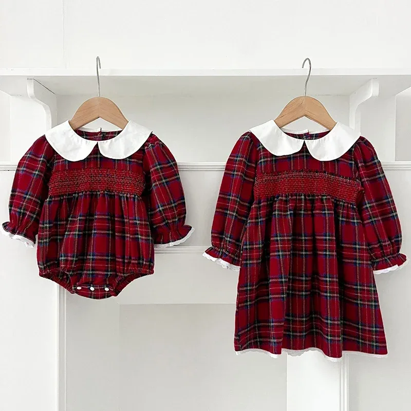 New Year's Party Clothes ﻿Christmas Toddler Kids Baby Girls Clothes Sister Matching Xmas Bodysuit Dress Outfits Red Plaids Sets
