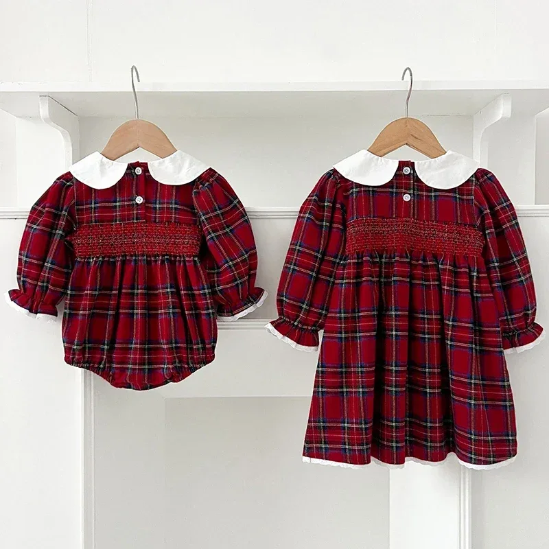 New Year's Party Clothes ﻿Christmas Toddler Kids Baby Girls Clothes Sister Matching Xmas Bodysuit Dress Outfits Red Plaids Sets