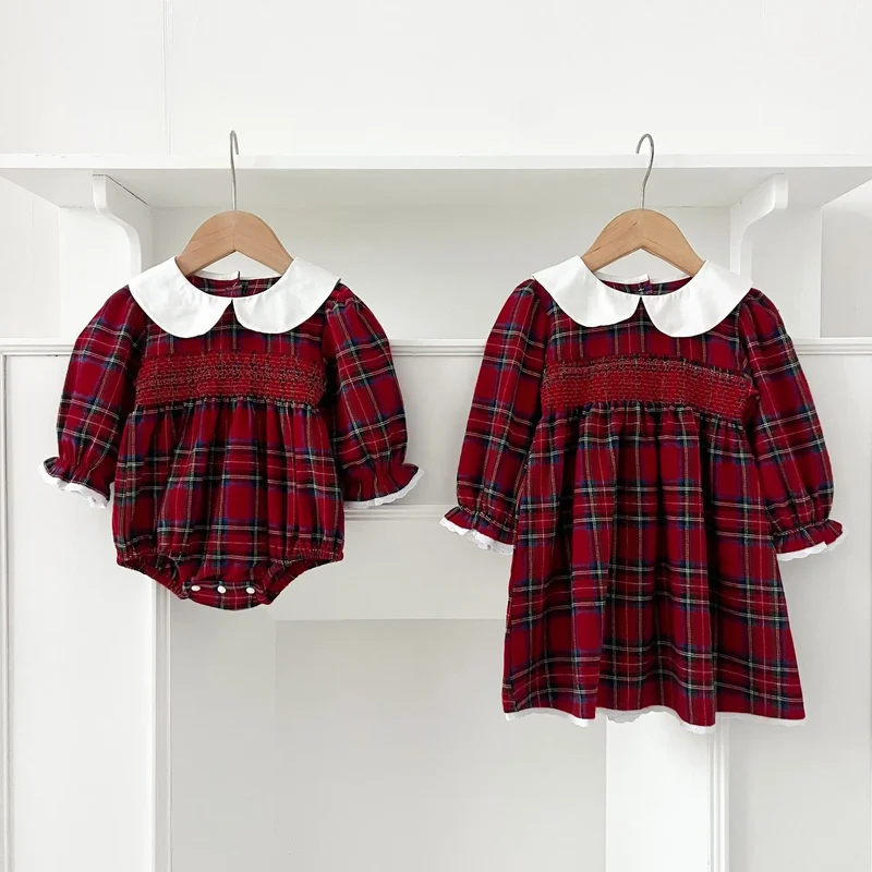 New Year's Party Clothes ﻿Christmas Toddler Kids Baby Girls Clothes Sister Matching Xmas Bodysuit Dress Outfits Red Plaids Sets