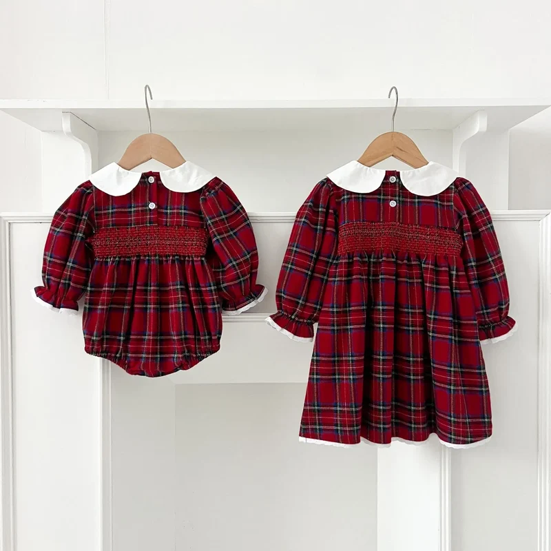 New Year's Party Clothes ﻿Christmas Toddler Kids Baby Girls Clothes Sister Matching Xmas Bodysuit Dress Outfits Red Plaids Sets