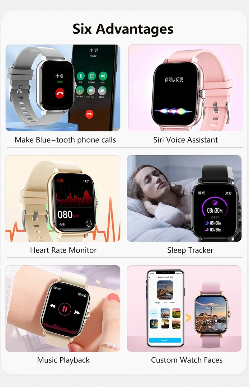 Smart watch with full touch screen, call, message reminder, music control and other functions, compatible with iPhone/android mo