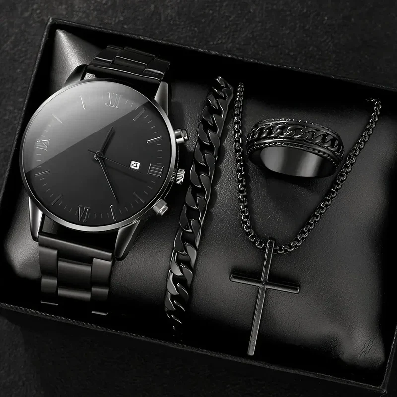 4-piece/set men's black minimalist quartz watch set with bracelet, necklace, and ring -
