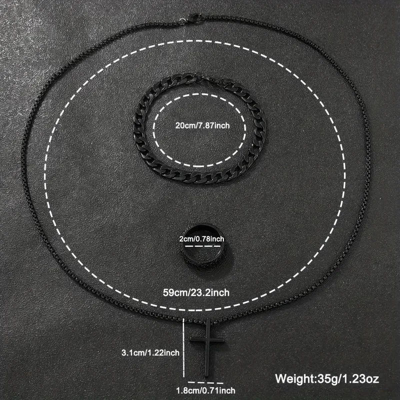4-piece/set men's black minimalist quartz watch set with bracelet, necklace, and ring -