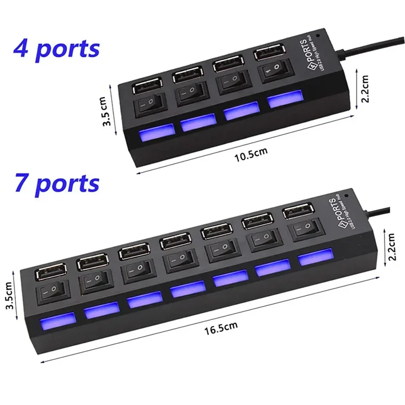 USB HUB 4/7 Port Multiple Expander With ON/OFF Switch Multi USB Splitter Hub 4ports 7ports Adapter Computer Accessories