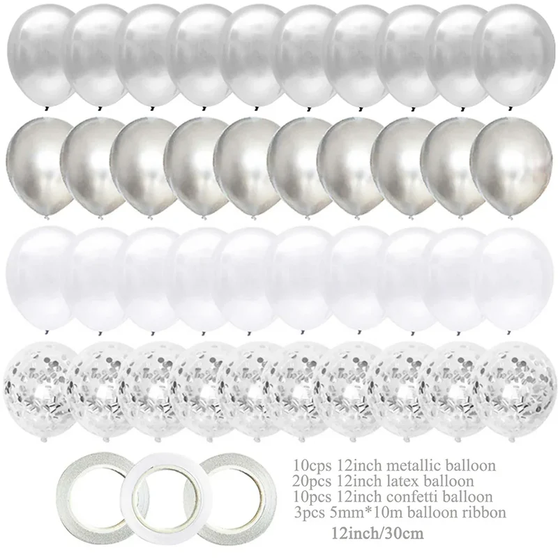 40pcs 12inch Silver Mixed Confetti Latex Balloons Boy Girl Birthday Adult Woman Man Party Decorations Graduation New Year Decor