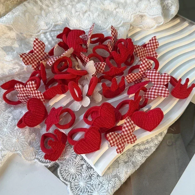 10pcs Red Colors New Year Girls Crown Butterfly Children Hairbands No Harm Cartoon Towel Rope Ponytail Holder Kids Rubber Band