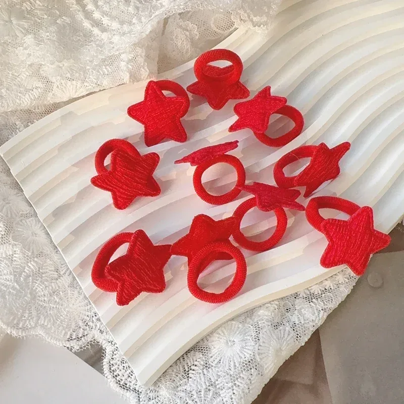 10pcs Red Colors New Year Girls Crown Butterfly Children Hairbands No Harm Cartoon Towel Rope Ponytail Holder Kids Rubber Band