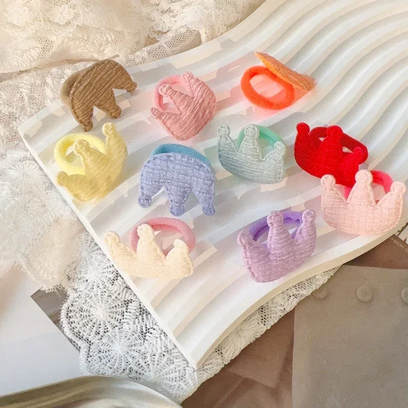 10pcs Red Colors New Year Girls Crown Butterfly Children Hairbands No Harm Cartoon Towel Rope Ponytail Holder Kids Rubber Band