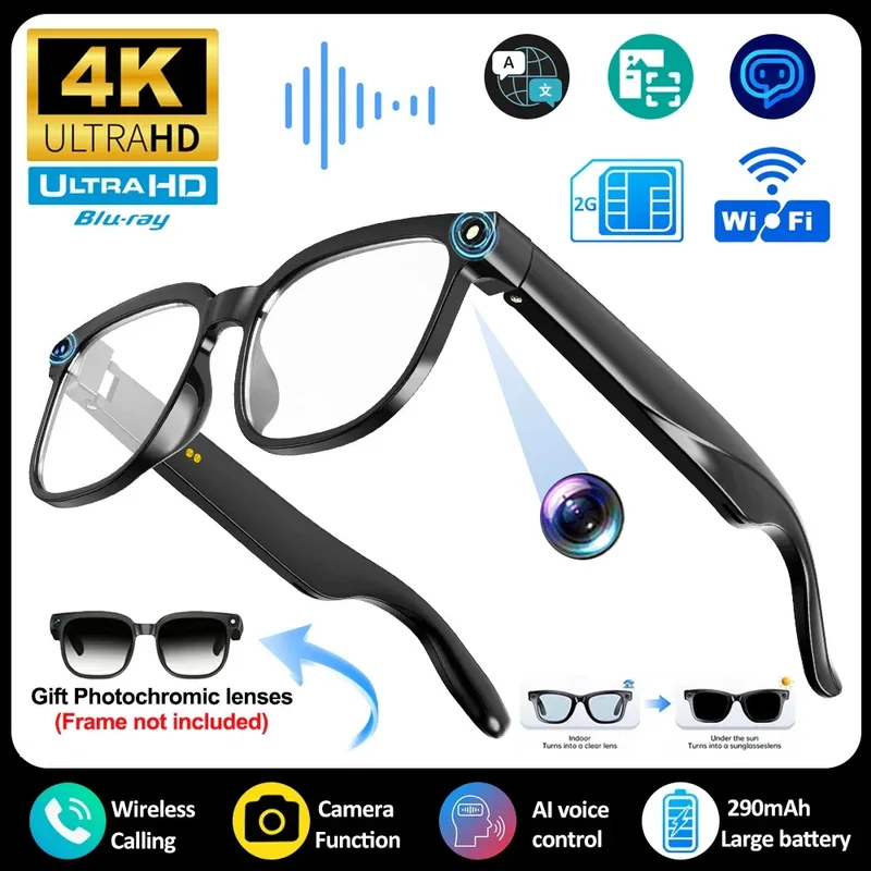 Men AI Smart Glasses 2026 New Color-Changing Translation Glasses 800W Camera Waterproof Call Photo Video Recording Sunglasses