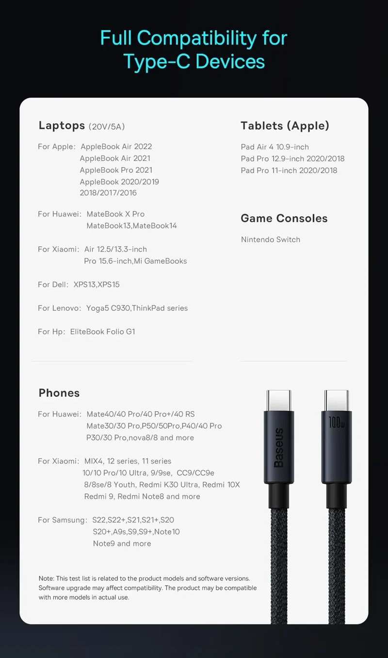 Baseus 100W USB C To Type C Cable For iPhone 16 15 Plus Pro Max PD Fast Charging Charger Cable For Macbook Xiaomi Samsung