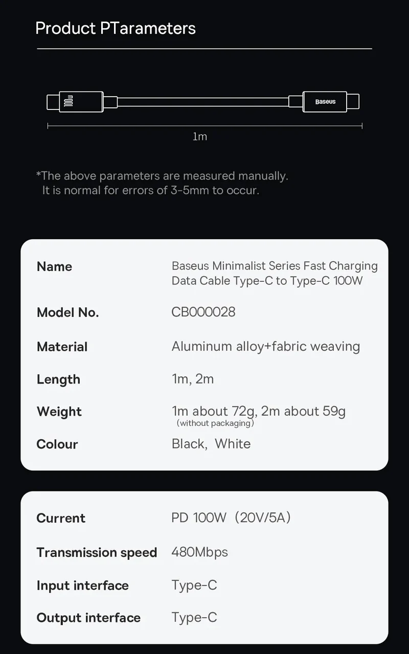 Baseus 100W USB C To Type C Cable For iPhone 16 15 Plus Pro Max PD Fast Charging Charger Cable For Macbook Xiaomi Samsung