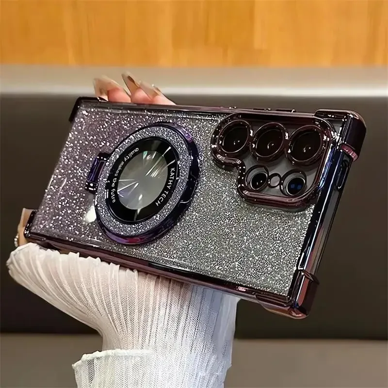 Luxury Magnetic Plating Stand Shockproof Glitter Case for Samsung Galaxy S25 Edge S24 Ultra S23 S22 Plus S21 S20 FE Clear Cover