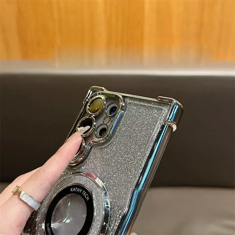 Luxury Magnetic Plating Stand Shockproof Glitter Case for Samsung Galaxy S25 Edge S24 Ultra S23 S22 Plus S21 S20 FE Clear Cover