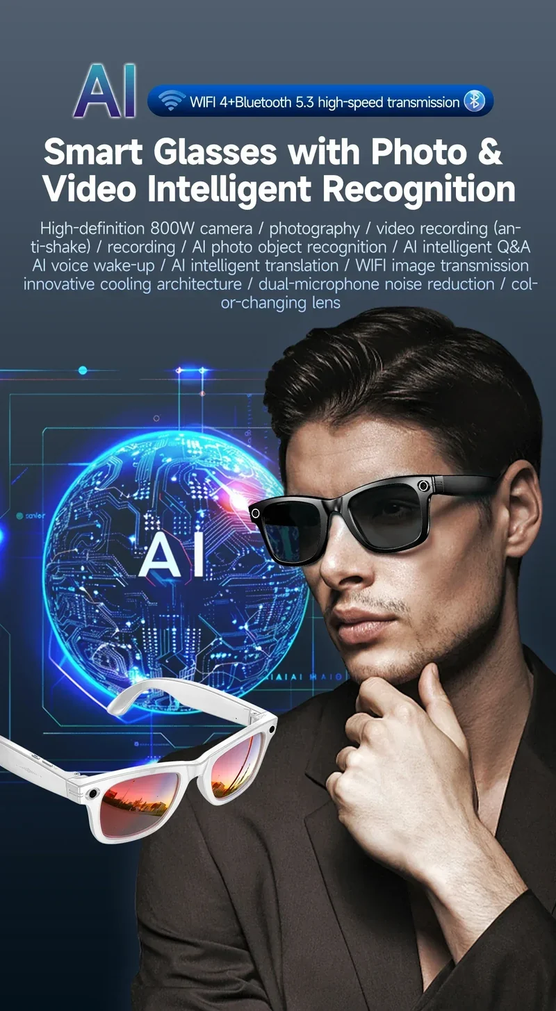2025 Smart Sunglasses ai smart glasses with Camera Video 8MP Translation Bluetooth Call Music Play Men Women Recording 100+