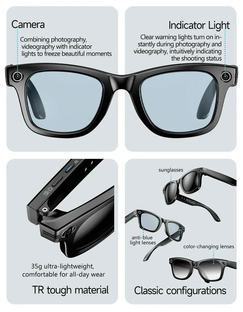 AI Smart Glasses with 8MP Camera Video Recording 100+ Languages Translation Sunglasses Bluetooth Call Music Play Men Women 2025