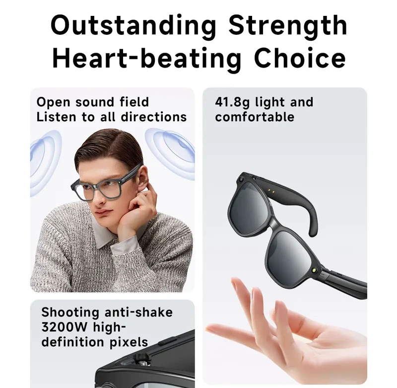 Smart Glasses With 8M HD camera 1200P anti-shake HD video AI intelligent voice assistant Real-time translation Object recognion