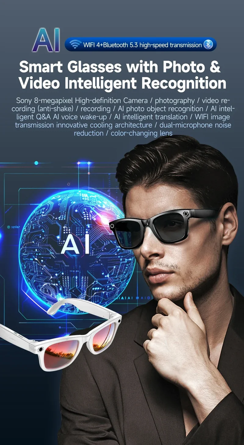 New Sunglasses Smart Glasses 8 Million Pixels Recording Videos AI Photo Recognition Answer Translation 290mAh Bluetooth Glasses
