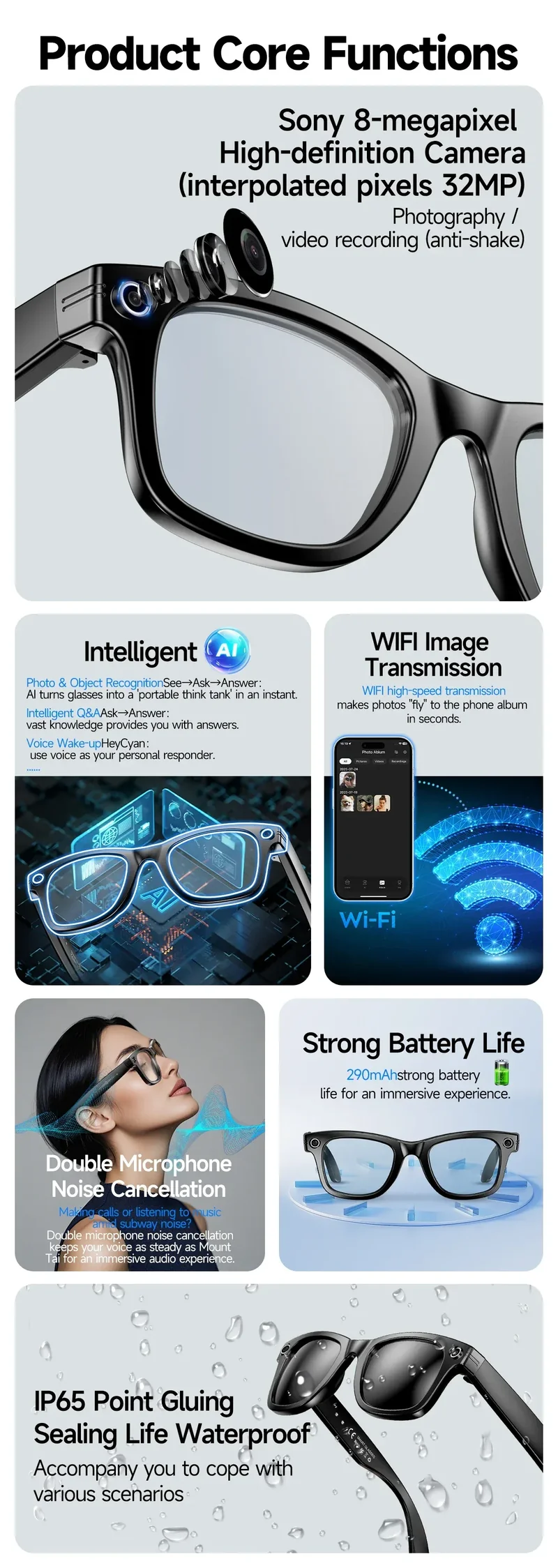 New Sunglasses Smart Glasses 8 Million Pixels Recording Videos AI Photo Recognition Answer Translation 290mAh Bluetooth Glasses
