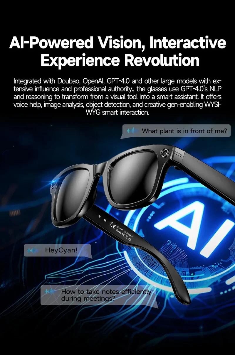 New Sunglasses Smart Glasses 8 Million Pixels Recording Videos AI Photo Recognition Answer Translation 290mAh Bluetooth Glasses