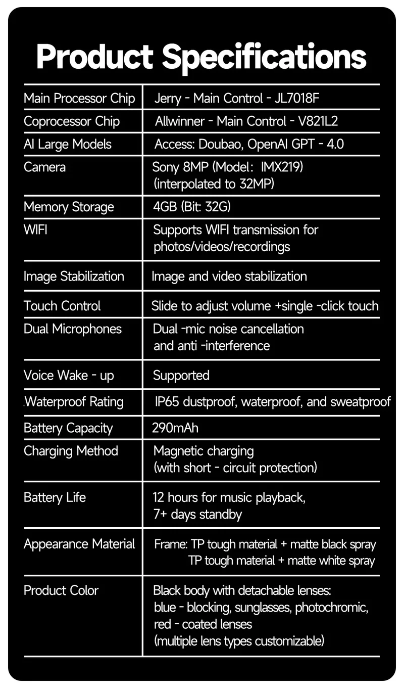 New Sunglasses Smart Glasses 8 Million Pixels Recording Videos AI Photo Recognition Answer Translation 290mAh Bluetooth Glasses