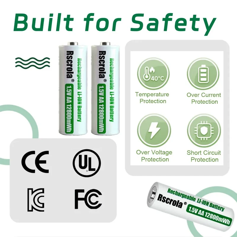 Rechargeable Lithium Battery AA 12800mWh Long-Lasting AA Rechargeable Batteries with Charger for Remote Controller Toys Doorbell