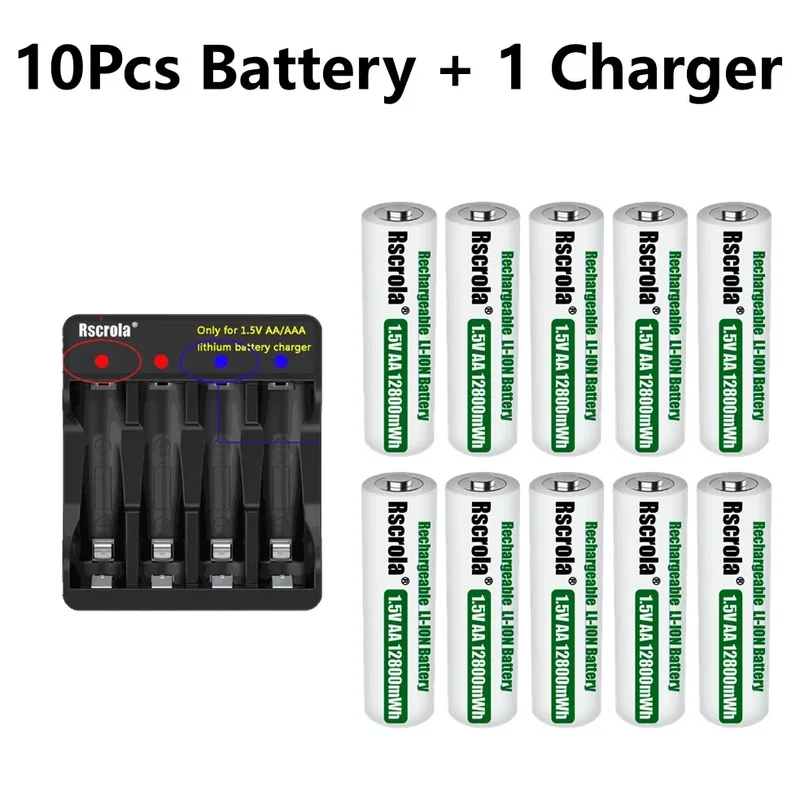 Rechargeable Lithium Battery AA 12800mWh Long-Lasting AA Rechargeable Batteries with Charger for Remote Controller Toys Doorbell