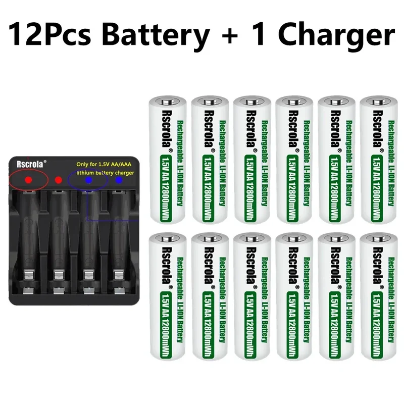 Rechargeable Lithium Battery AA 12800mWh Long-Lasting AA Rechargeable Batteries with Charger for Remote Controller Toys Doorbell