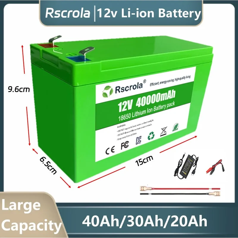 Rscrola 12V Lithium Battery, 40Ah Rechargeable 12V Batteries with Charger, for Sprayer,Children's Toy Car, Electric Blower,Scale