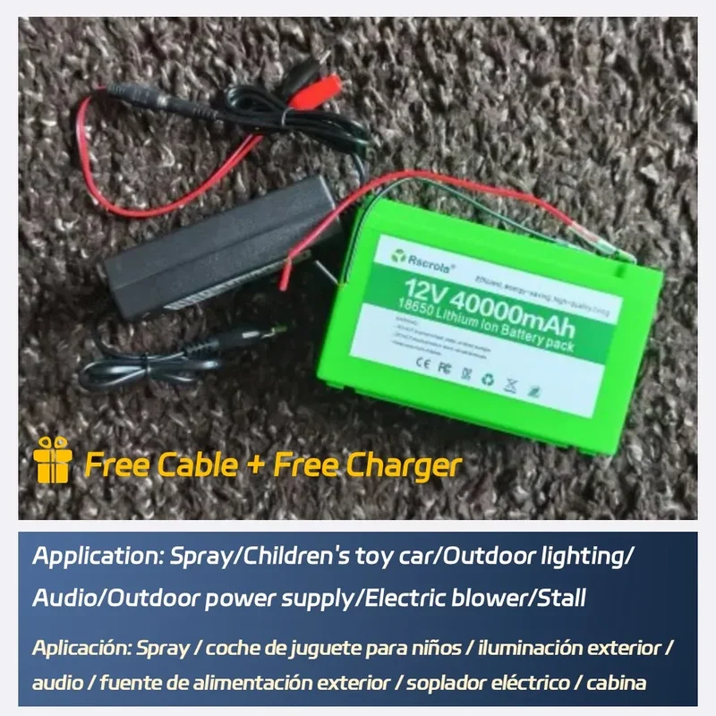 Rscrola 12V Lithium Battery, 40Ah Rechargeable 12V Batteries with Charger, for Sprayer,Children's Toy Car, Electric Blower,Scale