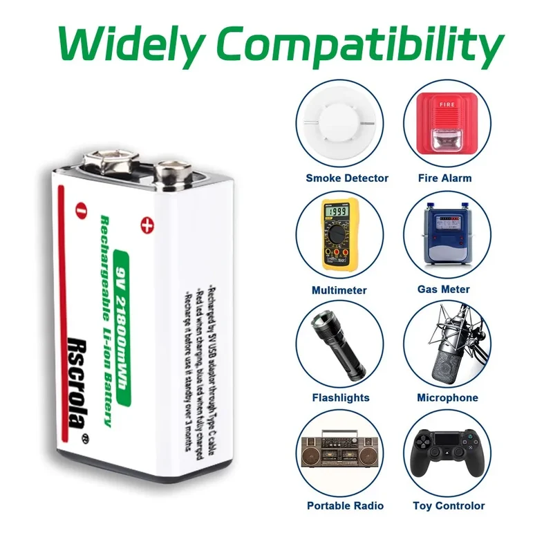 Rechargeable 9V Battery USB-C Charge,21800mWh Long-lasting 9V Li-Ion Battery with Free Cable,for Smoke Alarm,Camera,Clocks,Audio