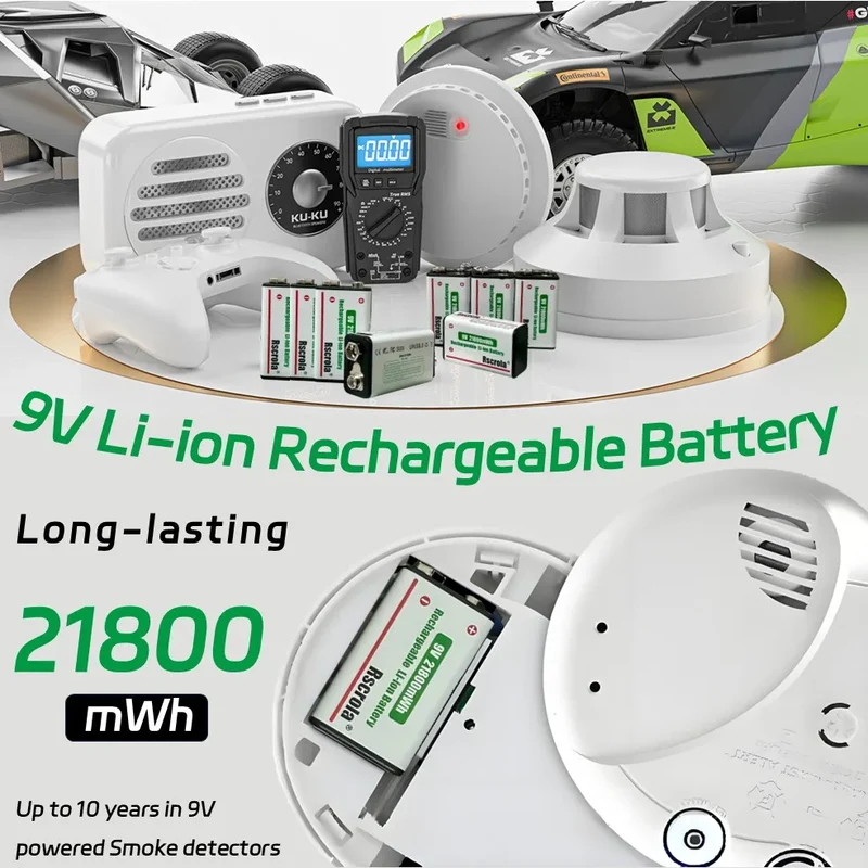Rechargeable 9V Battery USB-C Charge,21800mWh Long-lasting 9V Li-Ion Battery with Free Cable,for Smoke Alarm,Camera,Clocks,Audio