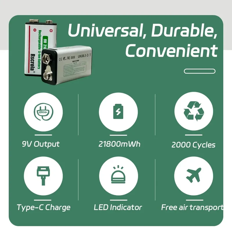 Rechargeable 9V Battery USB-C Charge,21800mWh Long-lasting 9V Li-Ion Battery with Free Cable,for Smoke Alarm,Camera,Clocks,Audio