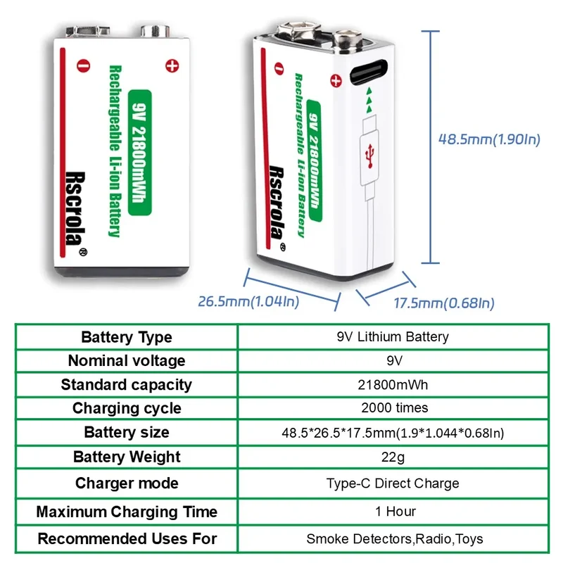Rechargeable 9V Battery USB-C Charge,21800mWh Long-lasting 9V Li-Ion Battery with Free Cable,for Smoke Alarm,Camera,Clocks,Audio