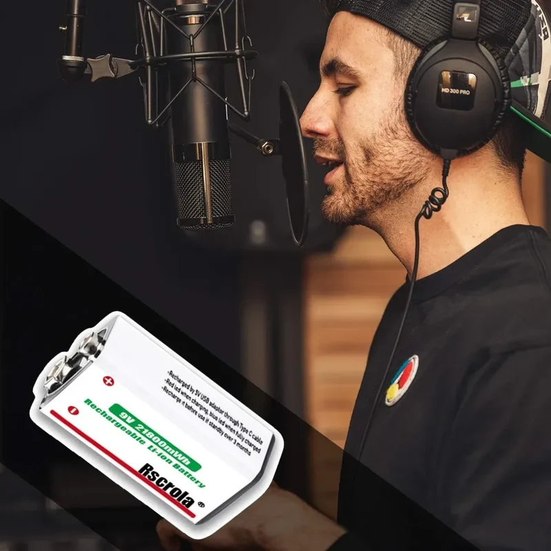 Rechargeable 9V Battery USB-C Charge,21800mWh Long-lasting 9V Li-Ion Battery with Free Cable,for Smoke Alarm,Camera,Clocks,Audio