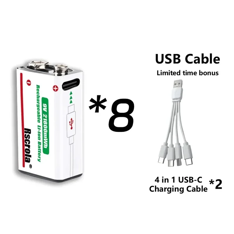 Rechargeable 9V Battery USB-C Charge,21800mWh Long-lasting 9V Li-Ion Battery with Free Cable,for Smoke Alarm,Camera,Clocks,Audio