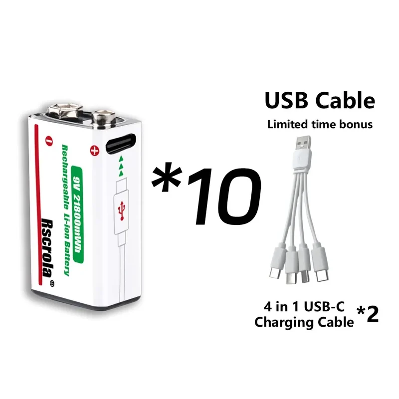 Rechargeable 9V Battery USB-C Charge,21800mWh Long-lasting 9V Li-Ion Battery with Free Cable,for Smoke Alarm,Camera,Clocks,Audio