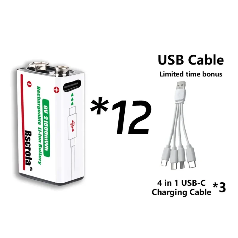 Rechargeable 9V Battery USB-C Charge,21800mWh Long-lasting 9V Li-Ion Battery with Free Cable,for Smoke Alarm,Camera,Clocks,Audio