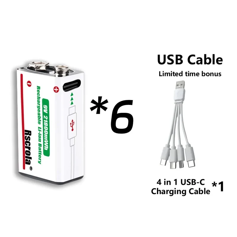 Rechargeable 9V Battery USB-C Charge,21800mWh Long-lasting 9V Li-Ion Battery with Free Cable,for Smoke Alarm,Camera,Clocks,Audio