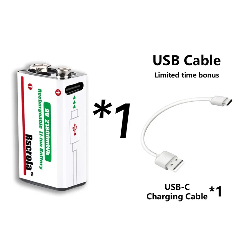 Rechargeable 9V Battery USB-C Charge,21800mWh Long-lasting 9V Li-Ion Battery with Free Cable,for Smoke Alarm,Camera,Clocks,Audio