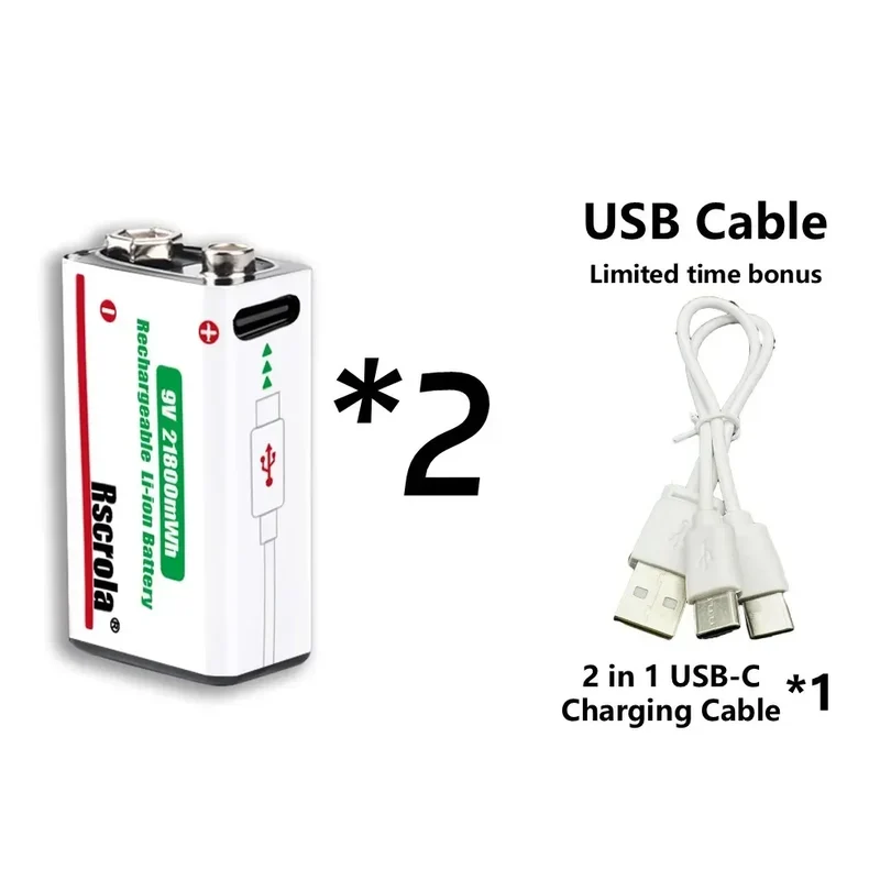 Rechargeable 9V Battery USB-C Charge,21800mWh Long-lasting 9V Li-Ion Battery with Free Cable,for Smoke Alarm,Camera,Clocks,Audio