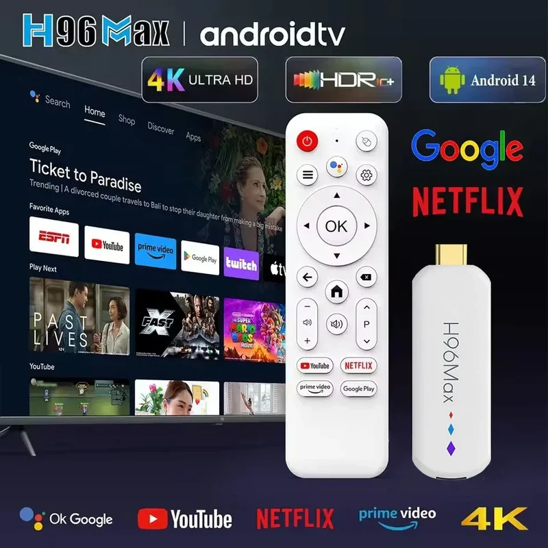 H96 Max S905L TV Stick Android14 Quad Core BT5.0 4K@60fps 2.4G&5G Wifi6 2GB 16GB Google Voice Assistant Media Player AI TV Stick