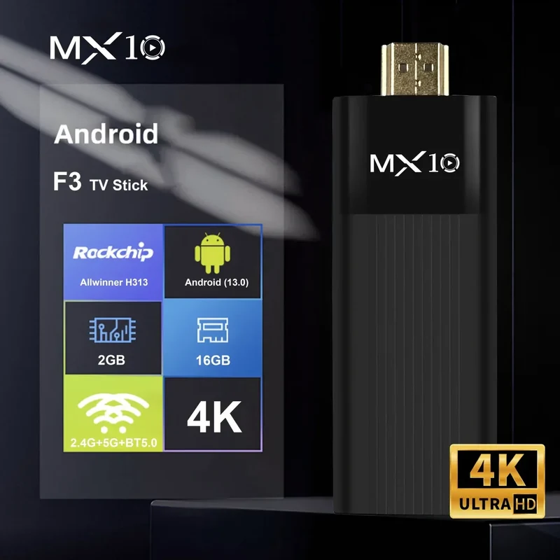 MX10-F3 Android TV Stick Ultra HD 4K H313 Quad Core 2.4G/5G Dual WiFi Portable Mini Home TVStreaming Media Player Stick for Home