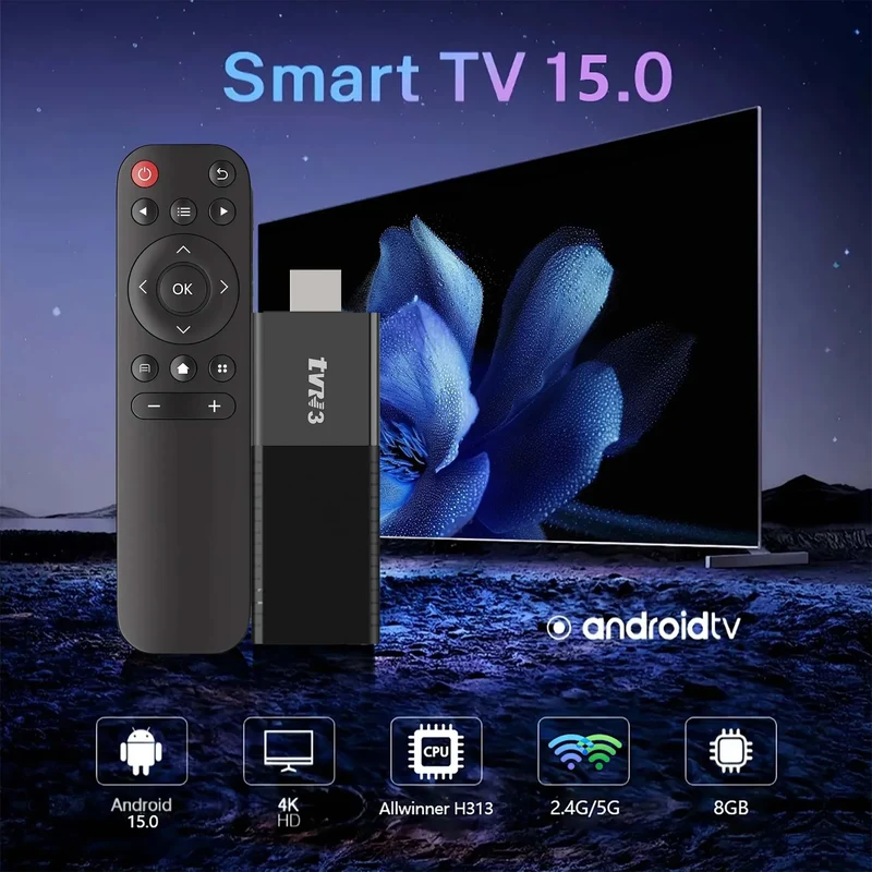 TVR3 HDMI TV Stick Android 15 2.4G&5G Dual Wi-Fi Allwinner H313 1G 8G Quad Core Smart TV Box Streaming Media Player Set-top Box