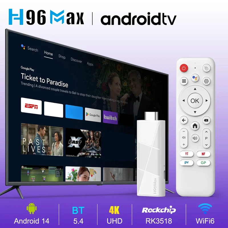 H96 MAX RK3518 Android14 Smart mini TV stick Wifi6 BT5.4 4K HD 3D Quad-Core Ethernet Google Voice Assistant Media Player TV Box