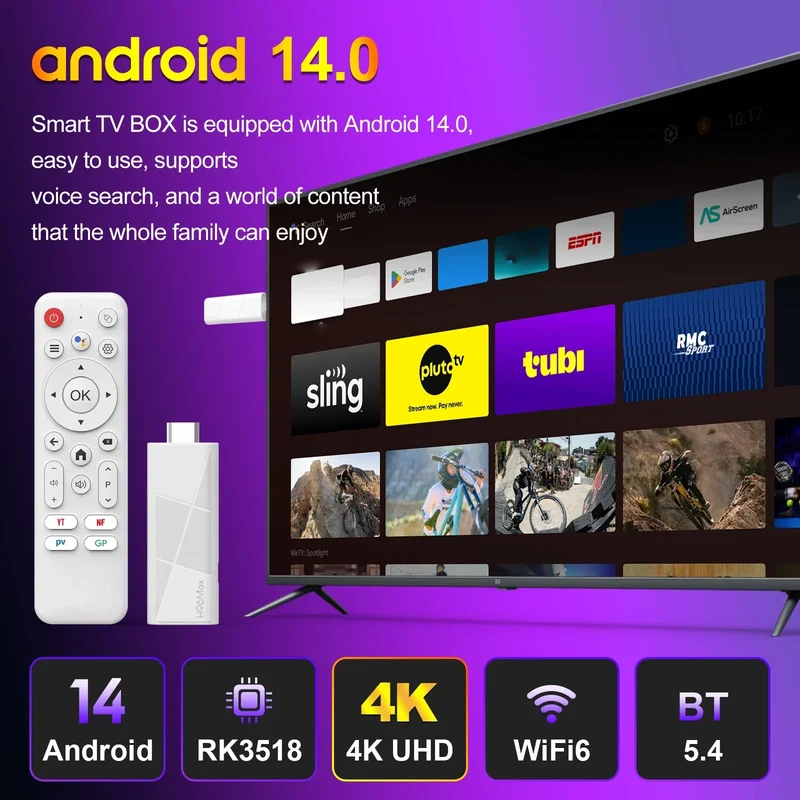 H96 MAX RK3518 Android14 Smart mini TV stick Wifi6 BT5.4 4K HD 3D Quad-Core Ethernet Google Voice Assistant Media Player TV Box
