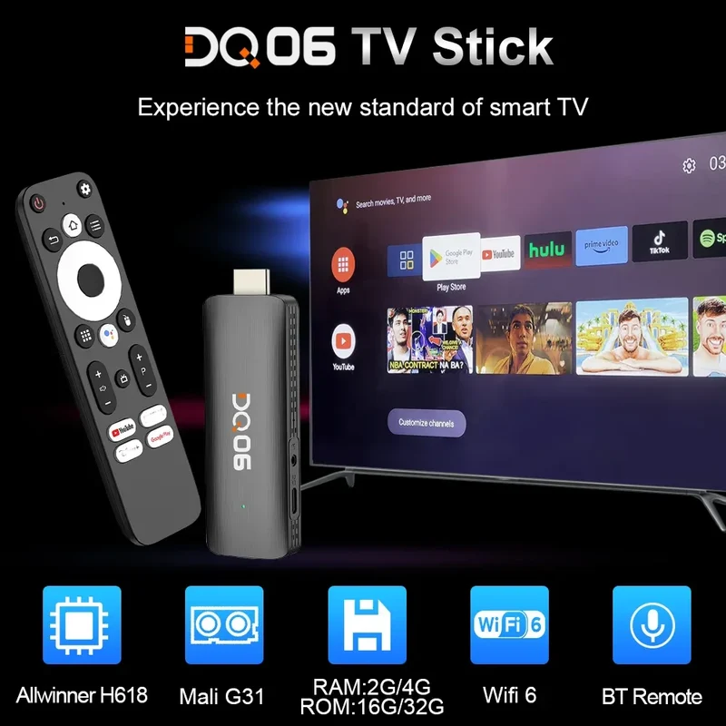 DQ06 ATV Mini TV Stick Android12 Allwinner H618 Quad Core Cortex A53 Support 8K Video 4K Wifi6 BT Remote TVBox Media player